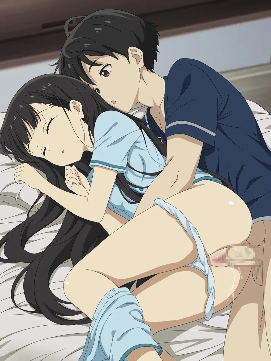 1boy, 1girls, age difference, artist request, black hair, brown eyes, censored, closed eyes, fucked from behind, hugging from behind, incest, make heroine ga oo sugiru!, nukumizu kaju, nukumizu kazuhiko, older brother, older male, older male and younger female, older penetrating younger, partially clothed, questionable consent, rape, siblings, sleep molestation, sleep sex, sleeping, somnophilia, teenage girl, teenage male, teenager, younger female, younger sister
