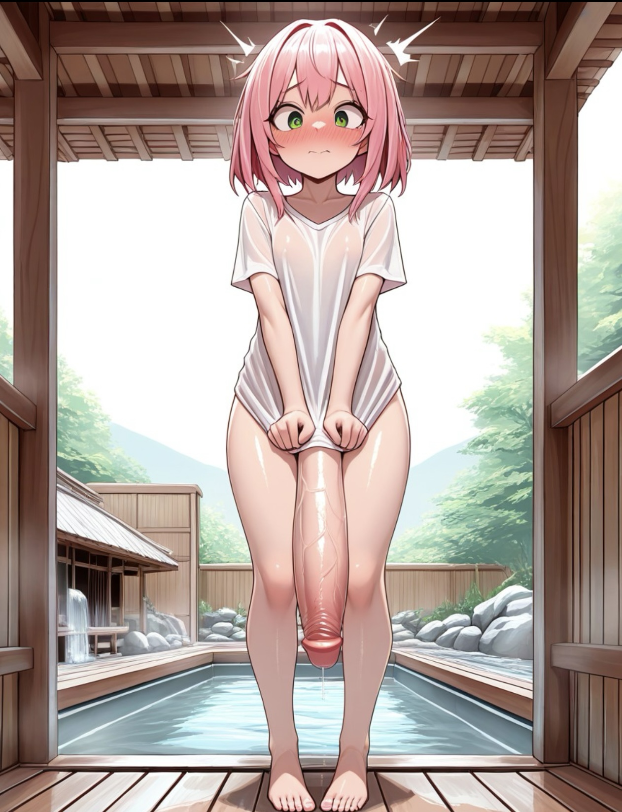 ai generated, bathhouse, blush, breasts, flaccid, futa only, futanari, green eyes, huge cock, intersex, penis, petite, pink hair, shirt, short hair, slim, small breasts, tight clothing, wet, zynai