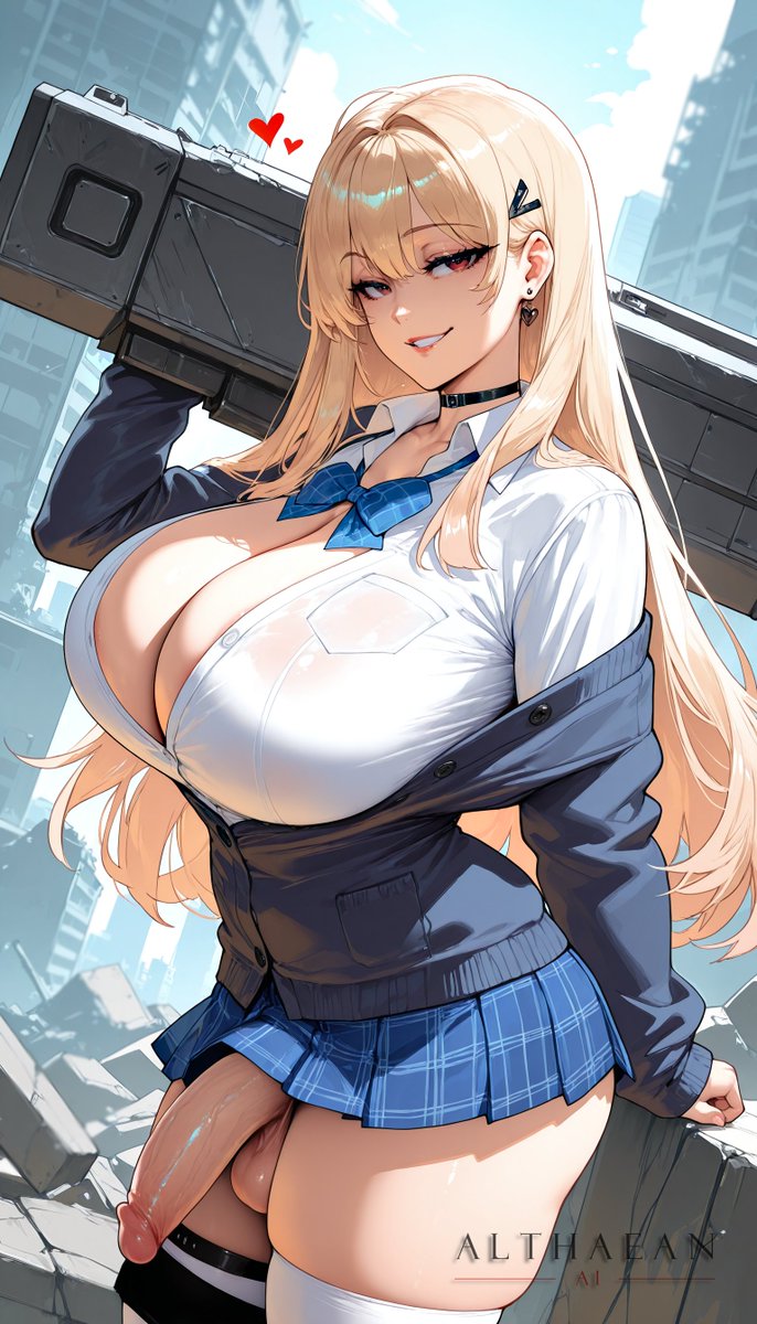 1futa absurd_res ai_generated althaean blonde_hair bow_ribbon brown_eyes cardigan checkered_skirt choker city cleavage cleavage_overflow dutch_angle earring eyes_visible_through_hair floating_heart from front_view futanari goddess_of_victory:_nikke hair_ornament heart holding_gun holding_object holding_weapon huge_breasts large_penis large_testicles looking_at_viewer off_shoulder pinup pleated_skirt plump posing red_eyes rocket_launcher ruins sleeves_past_wrist tagme thick_thighs thigh_squish thighhighs tia_(nikke) voluptuous voluptuous_futanari white_shirt