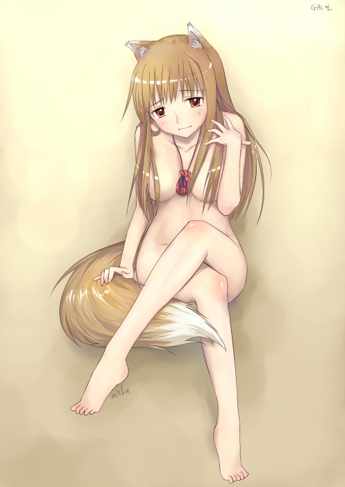 1girls aisha_callaaisha animal_ears blush brown_hair crossed_legs female holo long_hair looking_at_viewer mammal necklace nude ookamimimi red_eyes sitting small_breasts soft solo spice_and_wolf tail wolfgirl