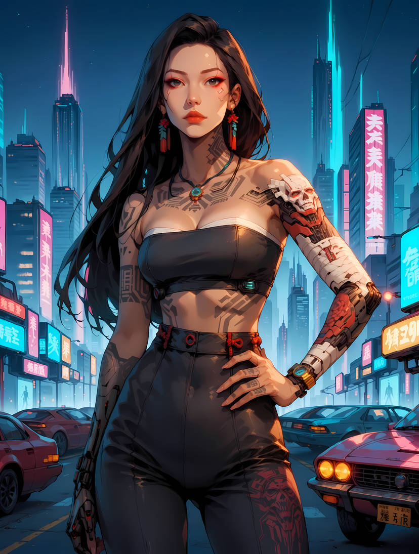 ai_generated arczisan asian_female badass boobs brown_hair buildings busty car cartoon city_background city_lights cityscape curvy_figure dark_skinned_female disney disney_princess earrings female indian indian_female latex lipstick midriff necklace night night_sky pocahontas pocahontas_(character) princess punk red_lipstick street tattoo woman