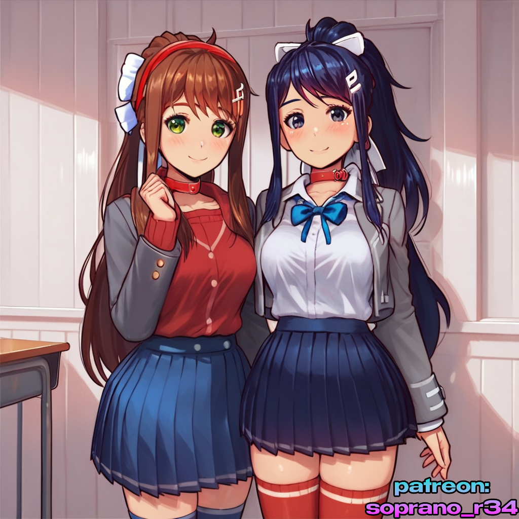 2024 2025 2girls ai_generated begging big_thighs black_eyes brown_hair choker doki_doki_literature_club green_eyes horny long_hair mita_(miside) monika_(doki_doki_literature_club) obedience school_uniform seductive skirt smile soprano_r34 stockings young_girl