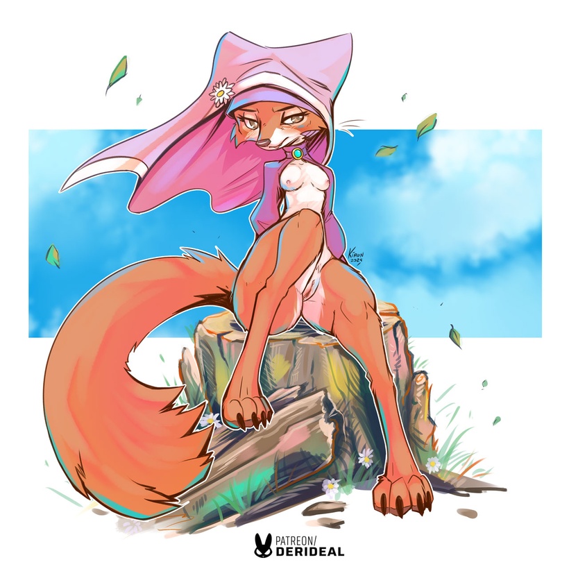 2024 anthro breasts brown_eyes canid canine claws clothing colored derideal detailed_background digital_drawing_(artwork) digital_media_(artwork) dress english_text female fluffy fluffy_tail fox genitals headdress icon kiaun letters looking_aside maid_marian mammal orange_tail pussy shaded signature simple_background sitting sky sleeves smile smirk solo stump symbol tail text url white_background