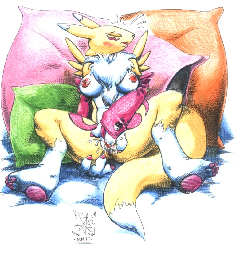 anthro anus bed blush breasts canine chest_tuft closed_eyes digimon female fingering fox fur furry gloves masturbation pillow pussy renamon sawblade_(artist) sitting solo spread_legs spreading tail yellow