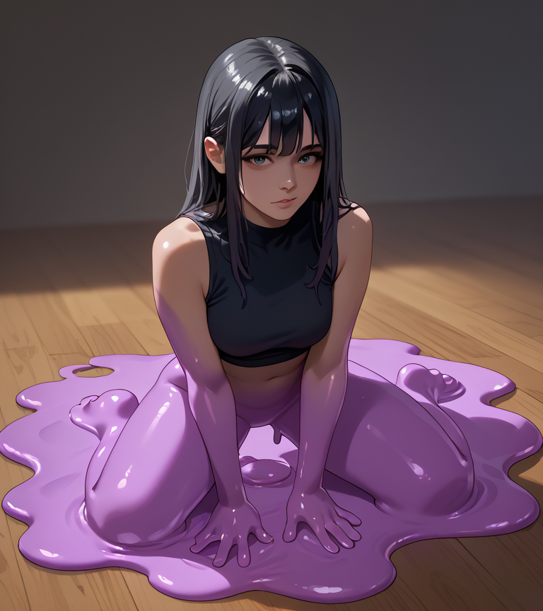 ai_generated ditto ditto_(pokémon) ditto_copied_person female girl kneeling naked naked_female slime_girl transformation