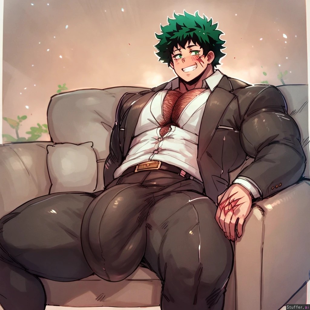 aged_up ai_generated body_hair couch huge_bulge izuku_midoriya muscular_male my_hero_academia scars_all_over stubble teacher undersized_clothes