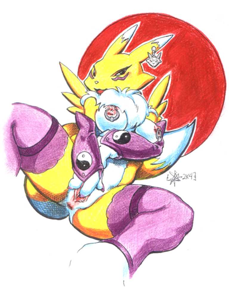 2004 3_fingers anthro anus breasts canine chest_tuft digimon female fingering fox fur furry looking_at_viewer masturbation nipple_piercing nipples piercing purple pussy renamon sawblade_(artist) solo spread_legs spreading stockings yellow