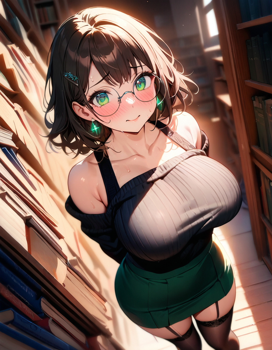 adorable ai_generated aki_(starlightnex) bare_shoulders big_breasts blush breasts brown_hair cleavage curvy curvy_body curvy_female curvy_figure curvy_hips cute flustered garter_straps glasses green_eyes green_skirt hairclip hands_behind_back huge_breasts innocent librarian library nerdy_female original original_character round_glasses school_uniform schoolgirl short_hair shy slim_waist starlightnex stockings sweat sweater thick_hips thick_legs thick_thighs white_shirt wholesome wide_hips