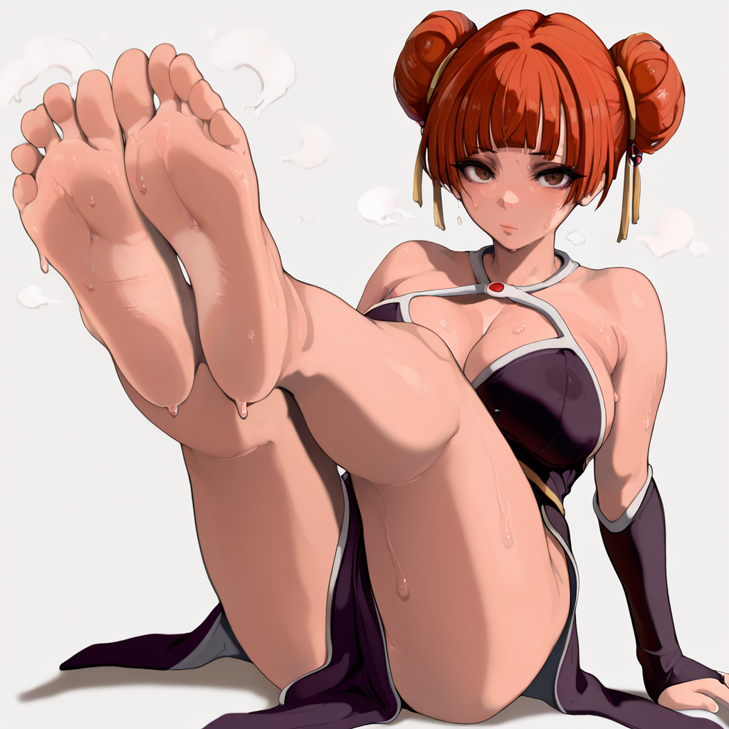 big_breasts chinese_clothes covered_pussy feet feet_up fingerless_gloves foot_fetish laufen_(sousou_no_frieren) looking_at_viewer sousou_no_frieren sweat sweaty