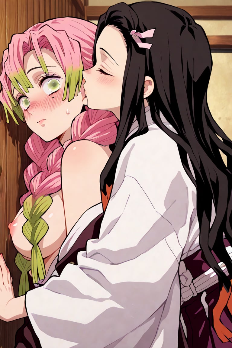 2girls, ai generated, demon slayer, female, kamado nezuko, kanroji mitsuri, kimetsu no yaiba, nipples, tagme, yuri