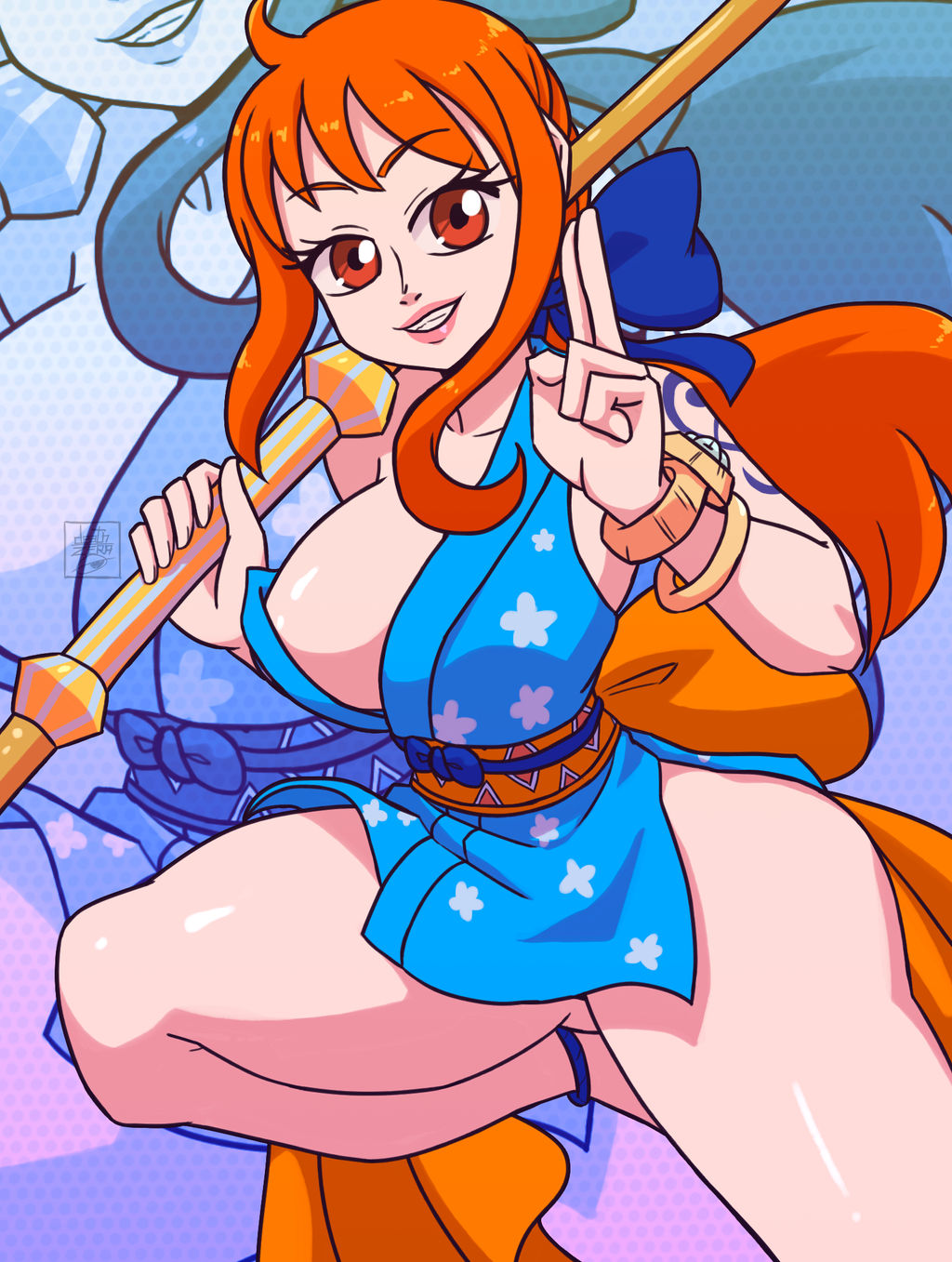 1girls 2022 big_breasts blue_kimono cleavage cleavage_overflow clothing convenient_censoring curvy deathzera digital_media_(artwork) female female_only gesture hi_res kimono long_hair nami nami_(one_piece) one_leg_up one_piece orange_hair overflowing_breasts short_kimono tagme voluptuous_female