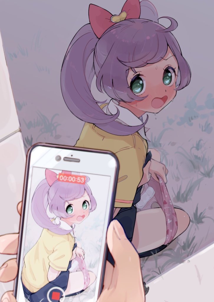 1unknown 2025 bending_down blue_eyes blush bow_in_hair caught embarrassed embarrassed_female female grass looking_at_another looking_back open_mouth pads pink_underwear purple_hair recording recording_on_phone squatting underwear_around_legs uniform