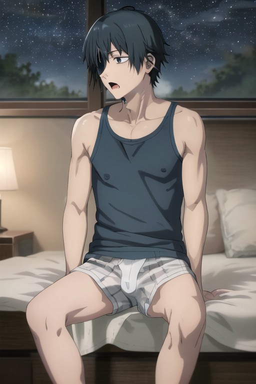 1boy ai_generated black_tank_top boxers chainsaw_man clutching_sheets erection erection_pushing_underwear erection_under_clothes eyepatch genderswap genderswap_(ftm) himeno_(chainsaw_man) night_sky nipples_visible_through_clothing open_mouth pillow rule_63 sitting_on_bed tank_top tanktop white_blanket white_boxers window