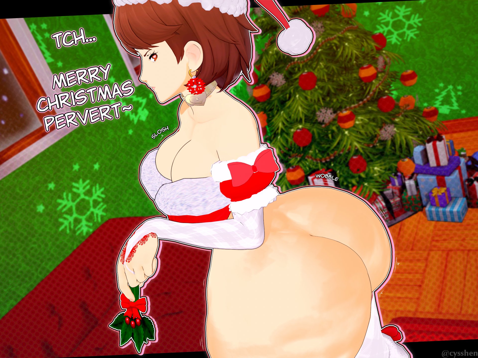 1girls, 3d, christmas, christmas outfit, christmas tree, cyshen, female, no pants, persona, persona 3, yukari takeba