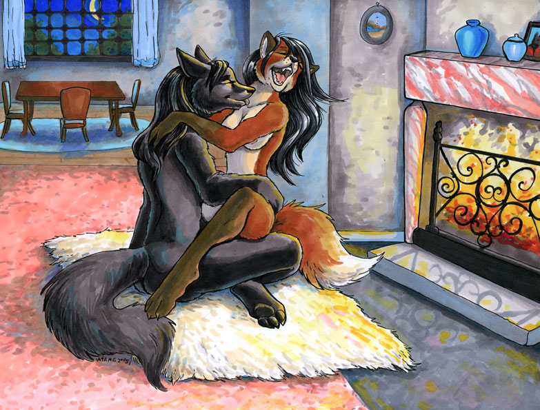 2005 anthro ayame_emaya black_fur black_hair breasts canine closed_eyes female fire fox fur furry hair indoors licking long_hair male mammal moon orange_fur penetration red sex sitting straight tail tongue wolf