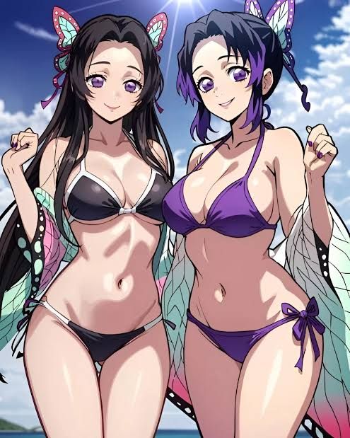 2girls ai_generated bikini black_hair butterfly_hair_ornament demon_slayer kimetsu_no_yaiba kochou_kanae kochou_shinobu looking_at_viewer panties purple_eyes purple_hair smile