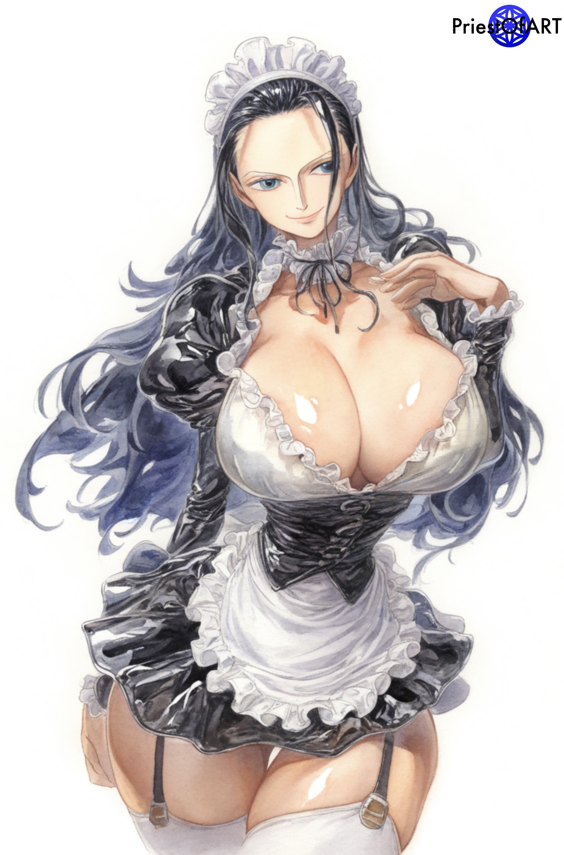 1girls, ai generated, big breasts, black hair, blue eyes, breasts, clothing, color, female, female focus, female only, from above, front view, huge breasts, large breasts, long hair, maid headdress, maid outfit, maid uniform, nico robin, one piece, priestofart, simple background, skirt, solo, solo female, solo focus, stockings, tagme, tagme (artist), tagme (character), thick thighs, thin waist, white background, wide hips