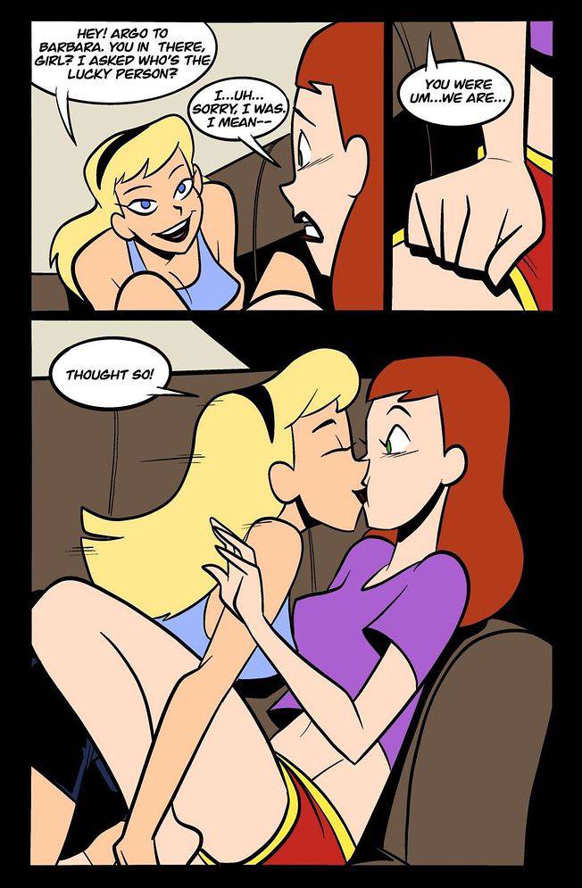 barbara_gordon batgirl batman:_the_animated_series comic dc_comics dcau henshintiger kara_kent kiss_on_lips on_the_couch speech_bubble supergirl superman:_the_animated_series surprise_kiss yuri