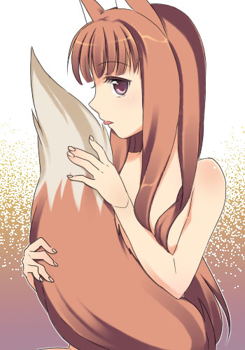 1girls animal_ears blush brown_hair female holo humanoid jimeko kemonomimi licking long_hair ookamimimi red_eyes soft solo spice_and_wolf standing tail tongue wolf_girl