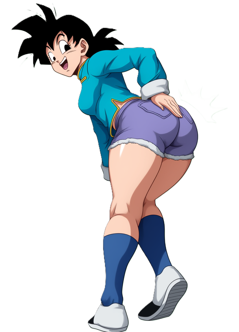 ai_assisted ai_generated ass ass_focus bent_over black_eyes black_hair chinese_clothes dragon_ball_z inviting kneesocks long_hair self_upload selvokaz shoes short_shorts smile son_goten son_gotena spanking_own_ass