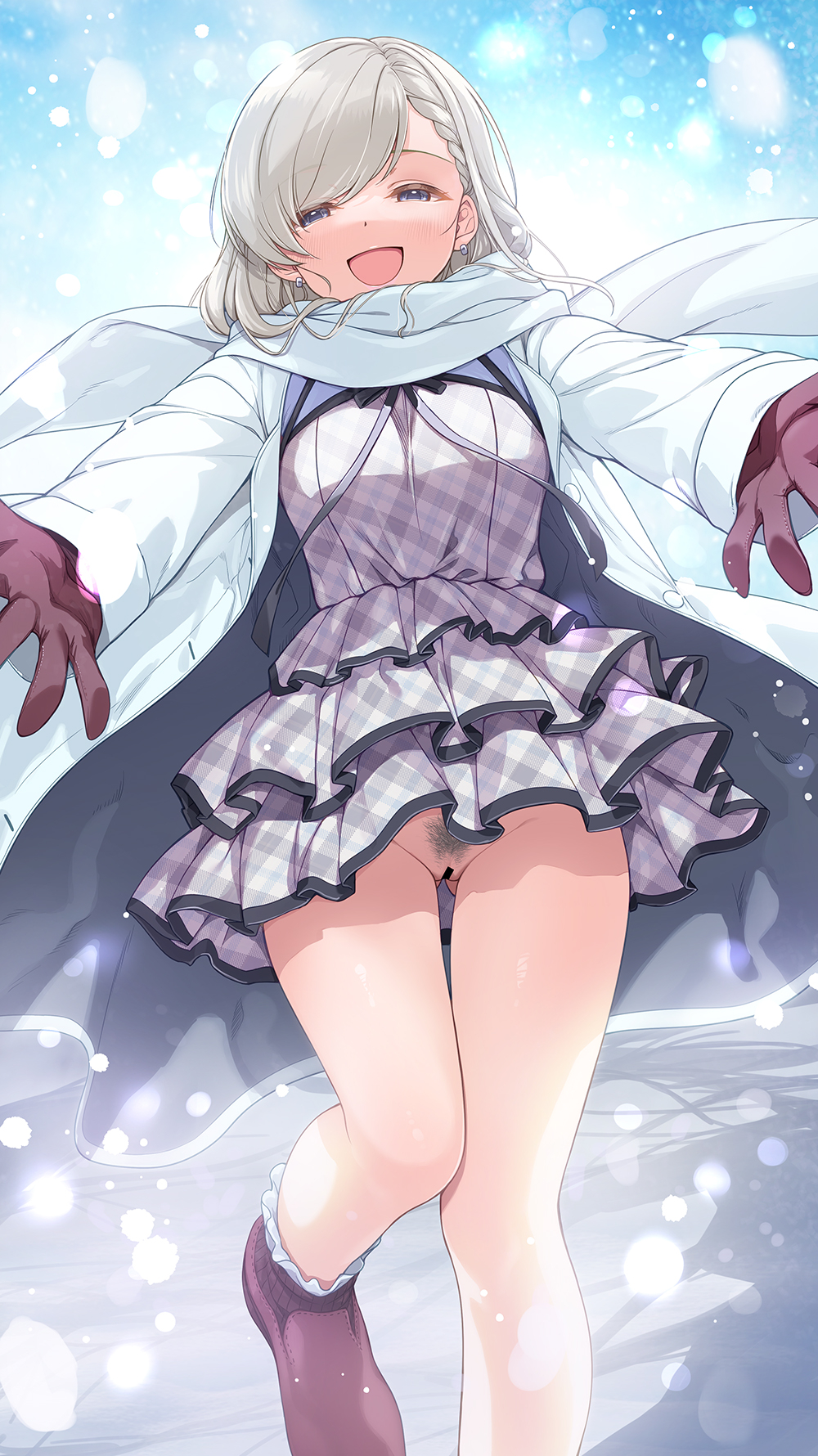 :d bar_censor blue_eyes blush boots braid braided_bangs censored coat dress earrings female female_pubic_hair gloves grey_hair highres hisakawa_hayate idolmaster idolmaster_cinderella_girls jewelry layered_dress mk_(mod0) open_clothes open_coat open_mouth outstretched_arms pubic_hair purple_dress pussy red_footwear red_gloves scarf smile solo swept_bangs thighs white_coat white_scarf