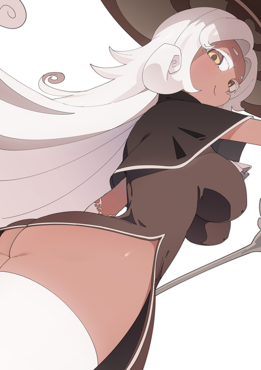 absurdres, ass, black capelet, black dress, black hat, breasts, brown eyes, capelet, cookie run, cookie run kingdom, dark skin, dark-skinned female, dress, elbow gloves, female, gloves, hat, highres, humanization, large breasts, latte cookie (cookie run), latteblud, long hair, looking at viewer, luke (dydansgur), simple background, smile, solo, thighhighs, very long hair, white background, white gloves, white hair, white thighhighs, witch hat