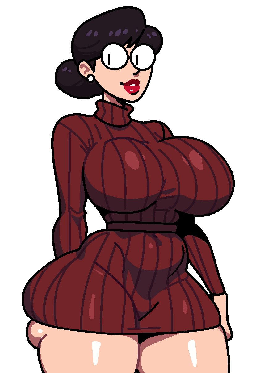 1girl big_breasts bimbo_lips breasts bubble_butt cartoony fat_ass glasses huge_breasts lipstick milf nerdy_female skindentation thick_ass thick_thighs toon toonatti toony turtleneck turtleneck_sweater voluptuous