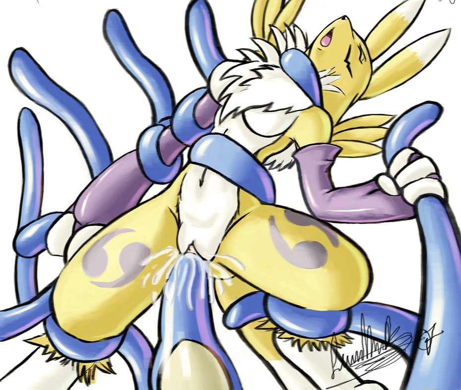 anthro bondage breasts canine closed_eyes digimon egg_implantation eggs female fox fur furry gloves l1zardman oviposition penetration pussy pussy_juice renamon suspension tail tentacle yellow