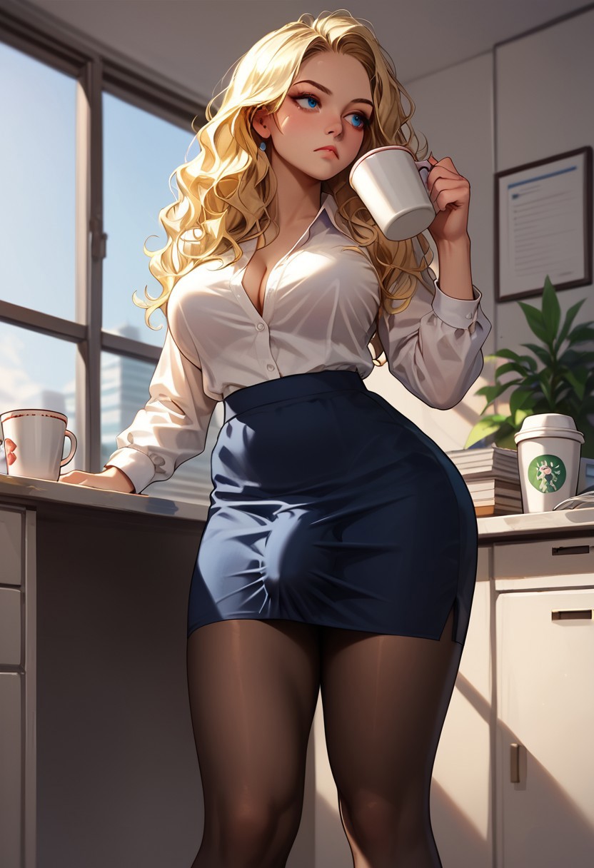 1futa ai_generated blonde_hair blouse blue_eyes cleavage coffee_mug erection_under_clothes futa_only futanari jamesbron large_breasts long_hair looking_away office office_lady pantyhose penis_bulge shirt skirt solo solo_futa wavy_hair wide_hips