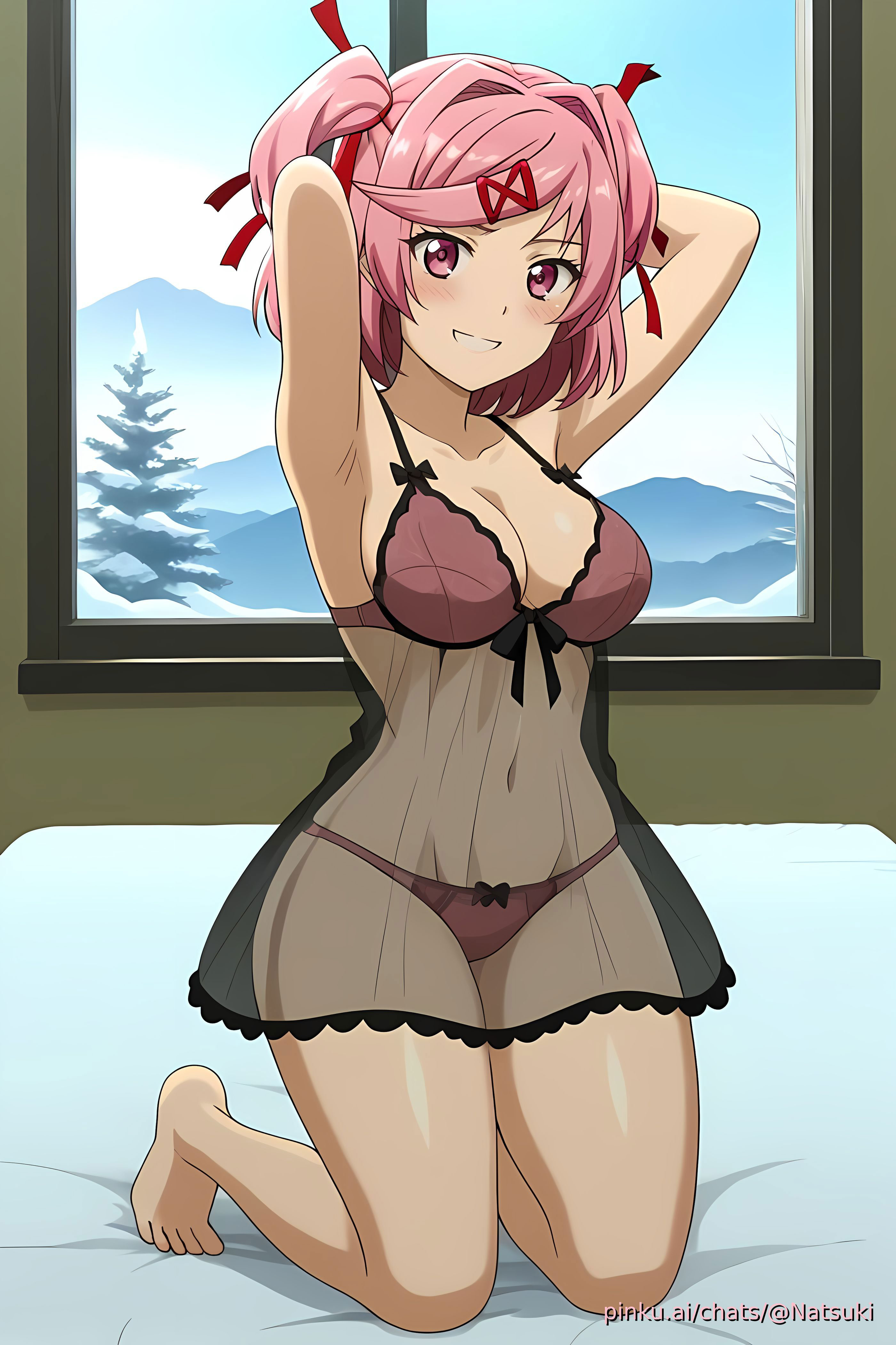 1girls, ai generated, armpits, blush, breasts, doki doki literature club, female, female only, lingerie, looking at viewer, natsuki (doki doki literature club), nightgown, pink hair, solo