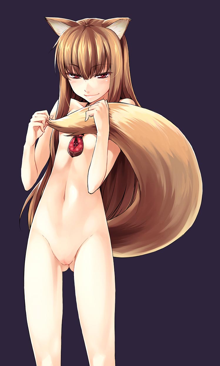 1girls animal_ears blush brown_hair covering_breasts covering_self female flat_chest holo long_hair looking_at_viewer mammal necklace nude ookamimimi pussy puyo red_eyes solo spice_and_wolf standing tail topia