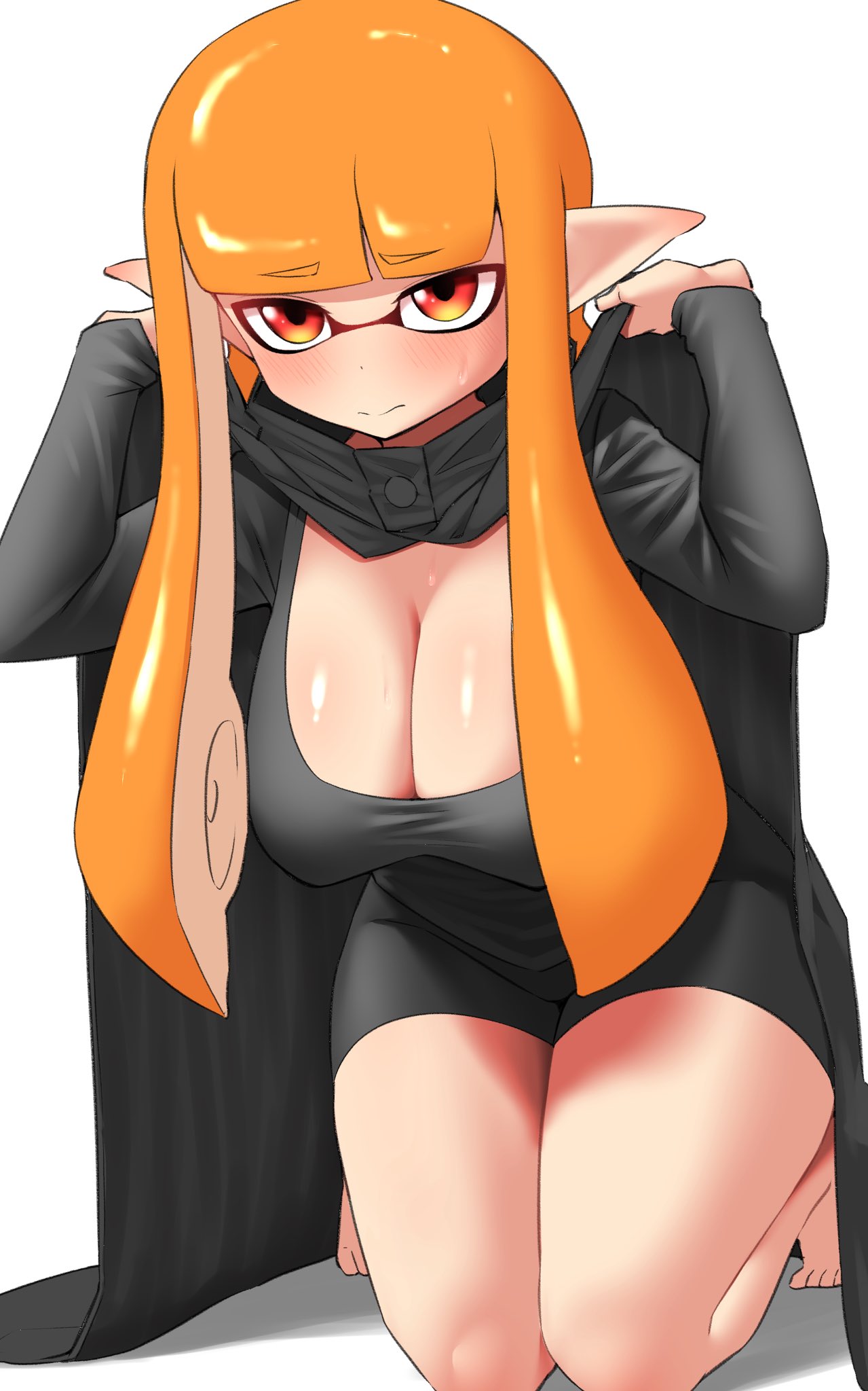 agent_3_(splatoon) cape cleavage huge_breasts inkling inkling_girl kaori_(splatoon) nervous nobunagapero splatoon