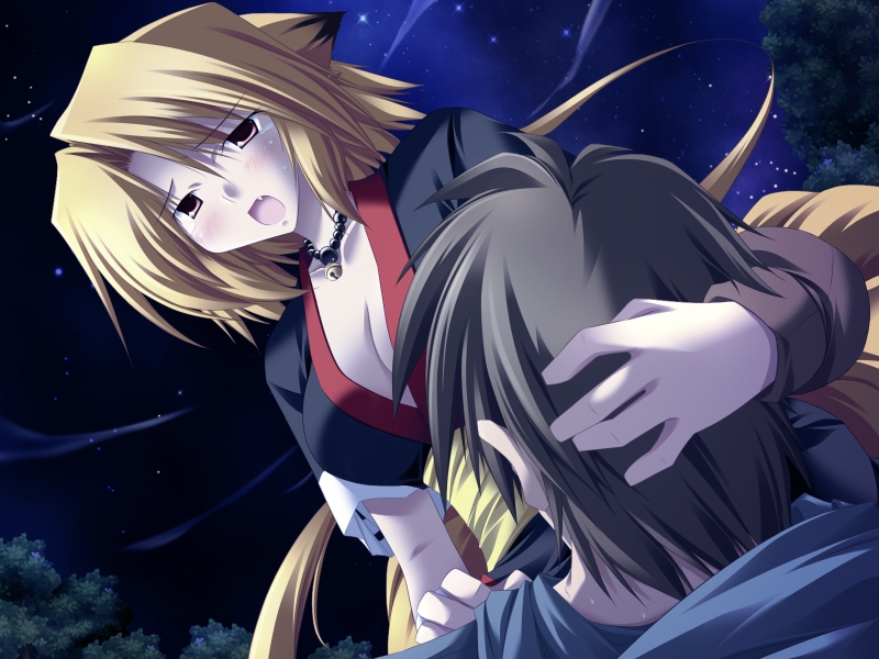 animal_ears bell blonde_hair canine clothes female forest fox_girl fox_humanoid hair japanese_clothes kemonomimi kyubi kyubimimi male multiple_tails necklace oral outside short_hair standing straight sweat tail tear tree unknown_artist