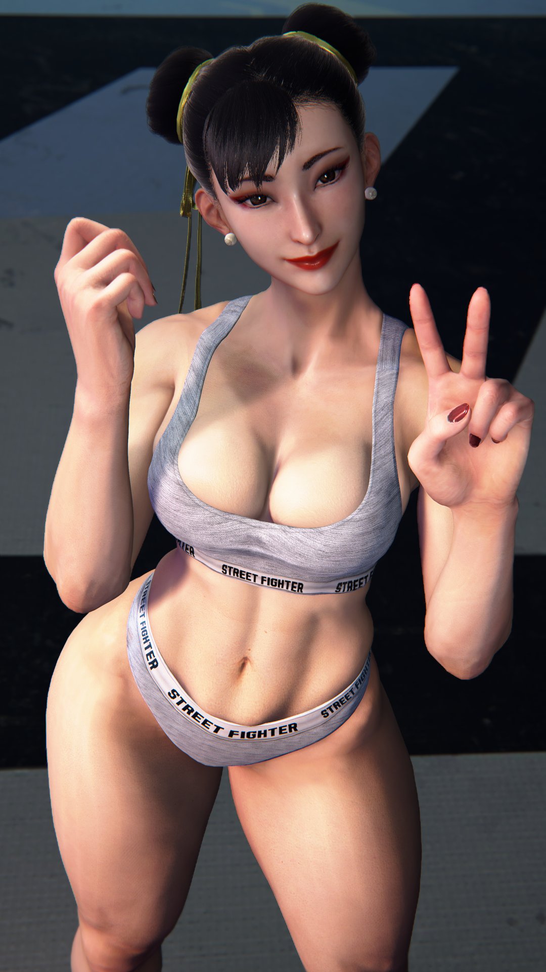 1girls 3d asian asian_female big_breasts black_hair bra branded_clothes breasts brown_eyes busty capcom chinese chun-li cleavage double_bun ear_piercing earrings female grey_bra grey_clothing grey_panties grey_underwear hair_bun hair_buns large_breasts light-skinned_female light_skin lipstick looking_at_viewer makeup mature mature_female mature_woman milf mod nail_polish navel panties piercing portrait red_fingernails red_lipstick red_nails sf_screenshot short_hair smile smiling_at_viewer solo solo_female street_fighter street_fighter_6 thick_thighs thighs three-quarter_portrait tied_hair underwear v v_sign wide_hips