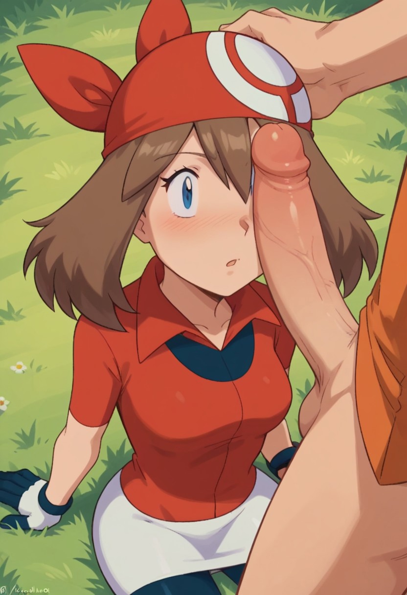 1boy 1girls ai_generated bandana bike_shorts black_shorts blue_eyes blush brown_hair civitai clothed clothed_female erection female gloves hand_on_head human imminent_oral looking_at_viewer may_(pokemon) may_(pokemon_rs) penis_awe pokemon pokemon_rse questionable_consent red_bandana red_shirt short_shorts short_skirt sitting skirt testicles trickygirl3002 unseen_male_face veiny_penis white_skirt