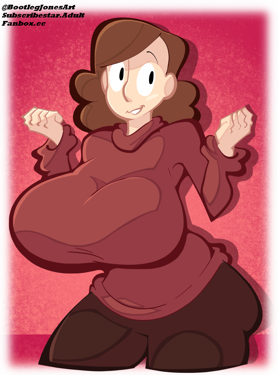 ass big_ass big_breasts bootlegjones breasts brown_hair cleavage hilda_(series) huge_breasts johanna_(hilda) large_ass large_breasts light-skinned_female light_skin milf netflix red_background red_sweater short_hair sweater