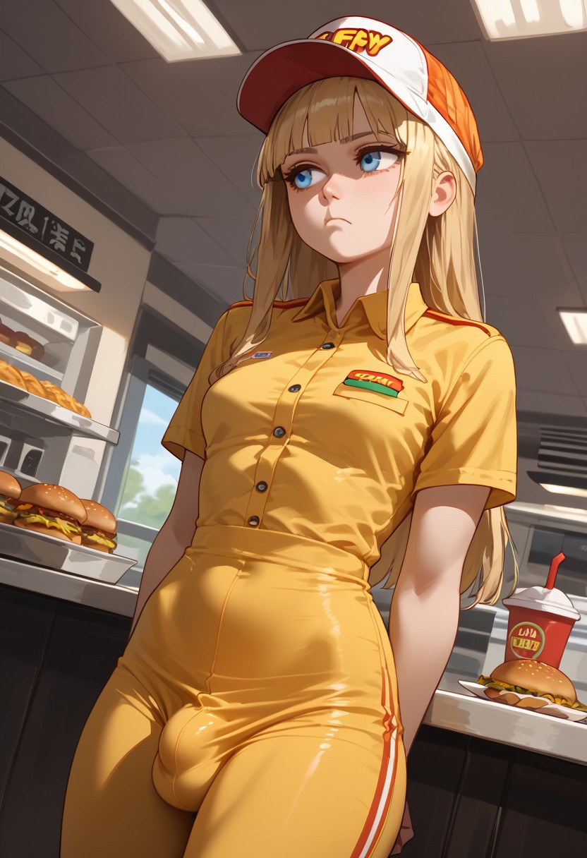 1futa ai_generated blonde_hair blue_eyes bored dutch_angle fast_food fast_food_uniform futa_only futanari hime_cut indoors jamesbron long_hair looking_away penis_bulge small_breasts solo solo_futa