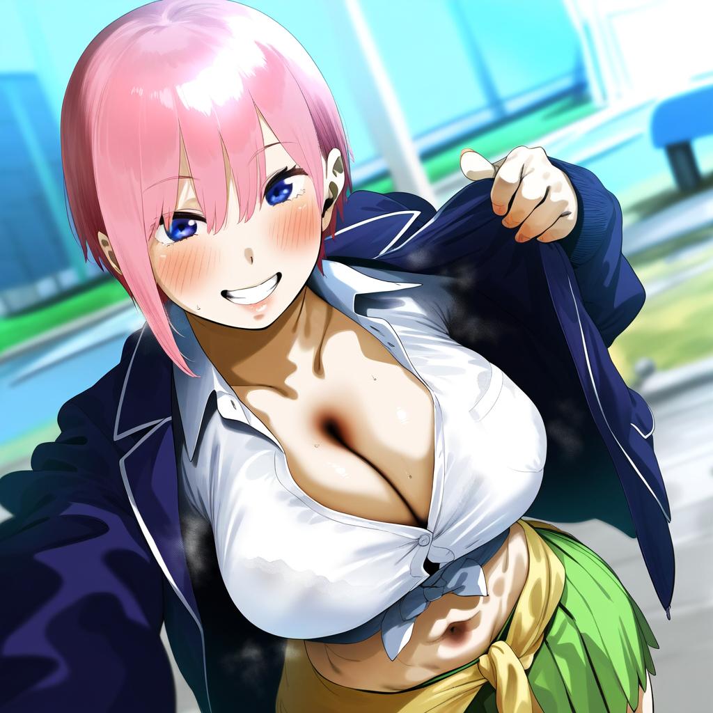 1girls ai_generated big_breasts blue_eyes breasts female female_focus go-toubun_no_hanayome huge_breasts large_breasts nakano_ichika navel pink_hair short_hair smiling