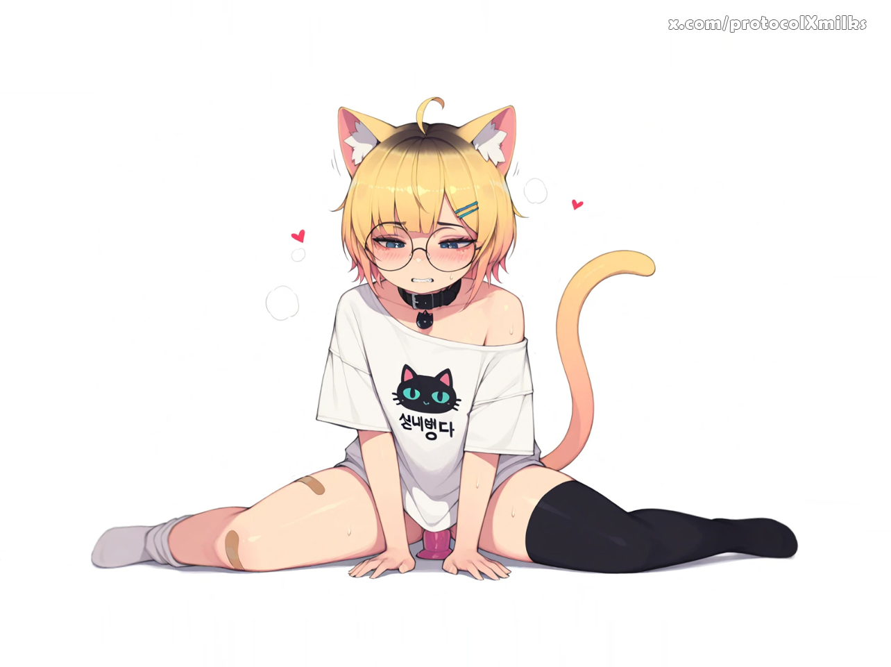 1girl, ahoge, ai generated, animal ear fluff, animal ears, baggy shirt, bandaid, bangs, blue eyes, blunt bangs, blush, cat ears, cat tail, catgirl, collar, dildo, dildo riding, dildo sitting, embarrassed, english text, female masturbation, glasses, hair ornament, hairclip, hearts around head, kneehighs, large insertion, masturbation, mismatched legwear, object insertion, open mouth, oversized shirt, pink dildo, protocolxmilks, riding dildo, sex toy, simple background, sitting, socks, solo, spot color, spread legs, sweat, sweatdrop, tail, tiger ears, tiger girl, tiger tail, trembling, tshirt, virtual youtuber, vtuber, white background, white shirt