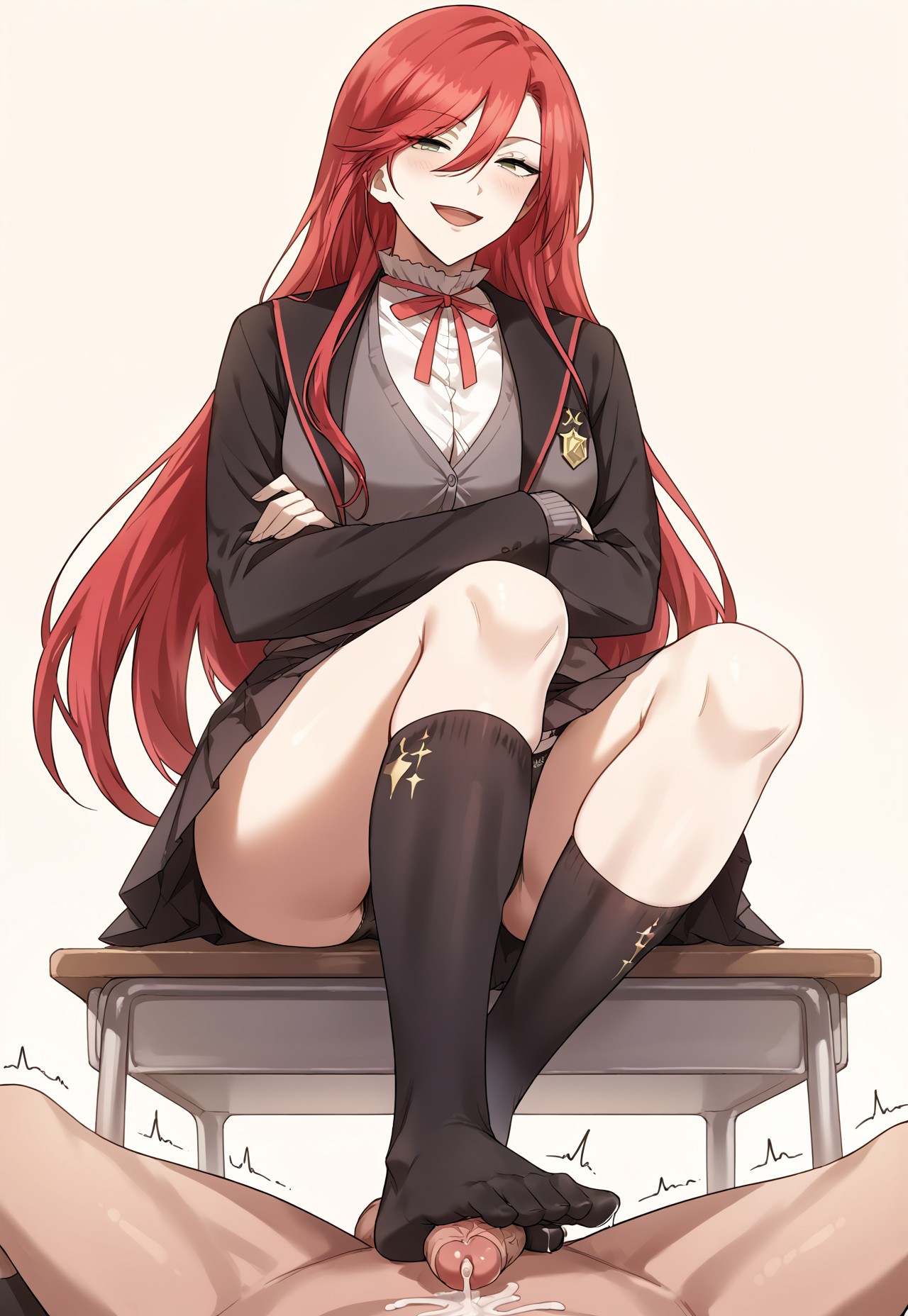 ai generated, amy karmis, cum, dominated female, domination, elkazama yumi, feet, female, femdom, foot fetish, footjob, light skin, light-skinned female, pale skin, pale-skinned female, red hair, sheer legwear, socks, stepped on, trample