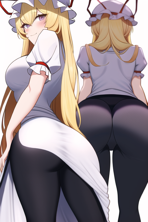 1girls ai_generated ass_focus bent_over big_ass big_breasts big_butt black_legwear black_yoga_pants blonde_hair blush boobs_and_butt_pose casual_clothes female female_only fully_clothed long_hair looking_at_viewer multiple_views nai_diffusion purple_eyes showing_ass smirk sole_female stable_diffusion touhou white_cap white_shirt white_skin yoga_pants yukari_yakumo