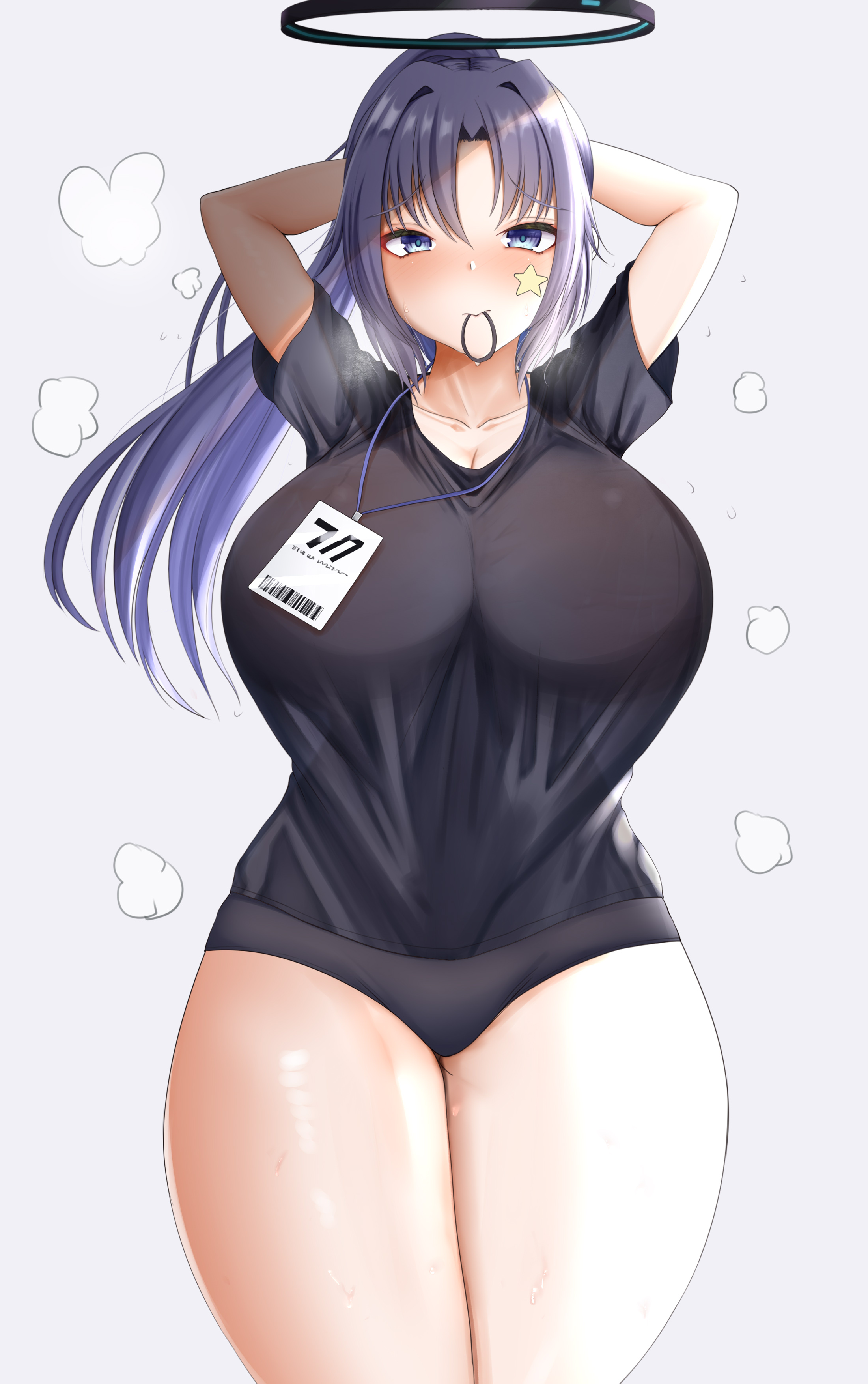 1girls, arms up, bloomers, blue archive, blue eyes, breasts, buruma, chomikuplus, female, gym clothes, gym uniform, hips, huge breasts, light skin, light-skinned female, long hair, long ponytail, ponytail, purple hair, sweat, sweaty body, t-shirt, thick thighs, thighs, wide hips, yuuka (blue archive), yuuka (gym uniform) (blue archive)
