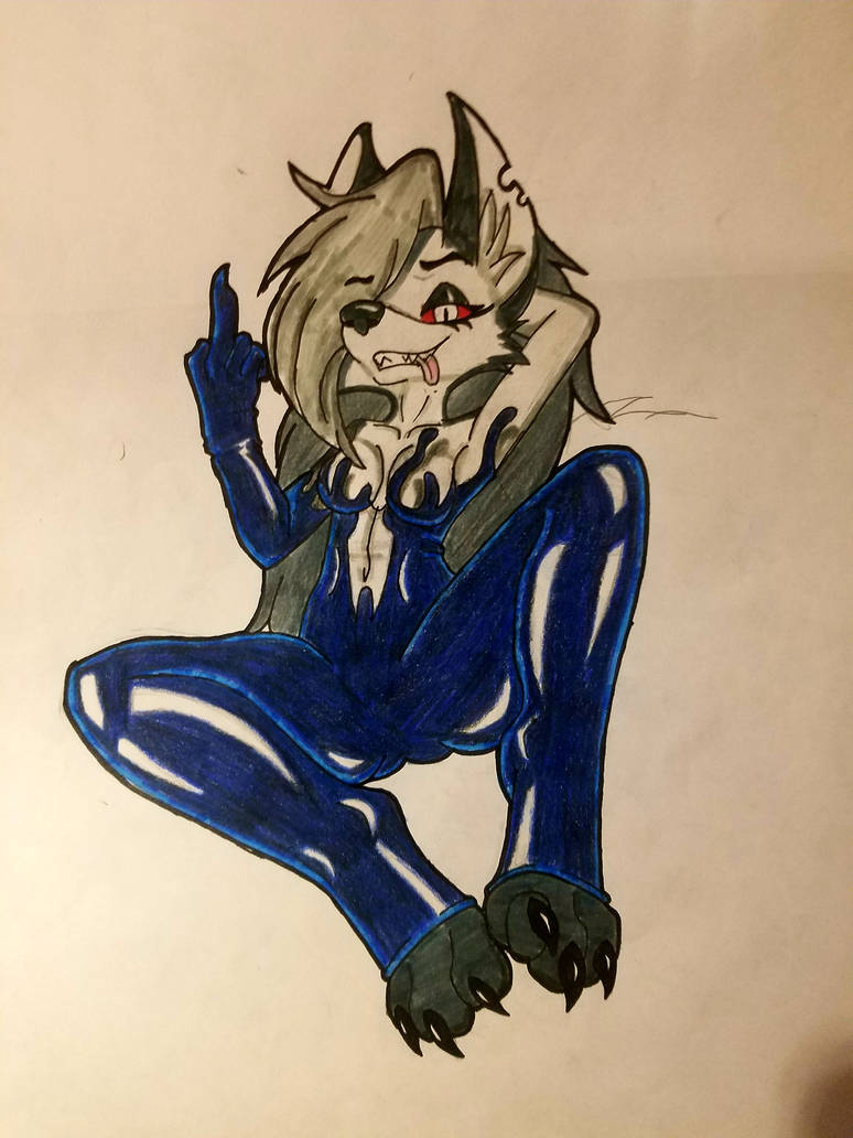 2022 bodysuit digitigrade female flipping_off furry hellhound helluva_boss impossible_clothes latex_suit living_suit long_hair loona_(helluva_boss) lupine marvel navel red_eyes small_breasts smile symbiote symbioticdeviant tentacle two_tone_fur venom vivienne_medrano wolf