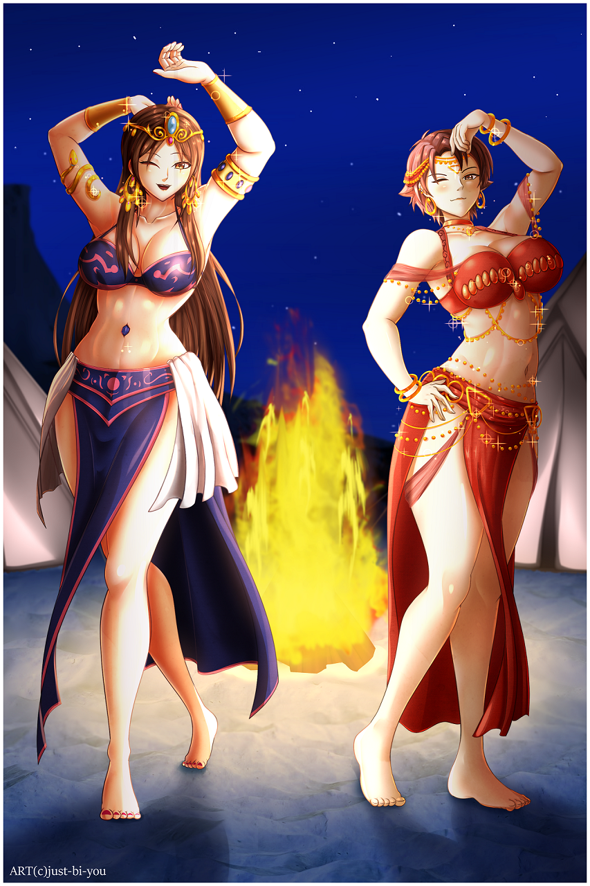 2girls armpits barefoot belly_dancer belly_dancer_outfit brown_hair cleavage crossover femsub harem harem_girl harem_outfit jewelry k-on! kousaka_yoshino large_breasts loincloth long_hair necklace oreimo sandsofeternaltime sawako_yamanaka_(k-on!) short_hair submissive_female tiara voluptuous yoshino_kosaka