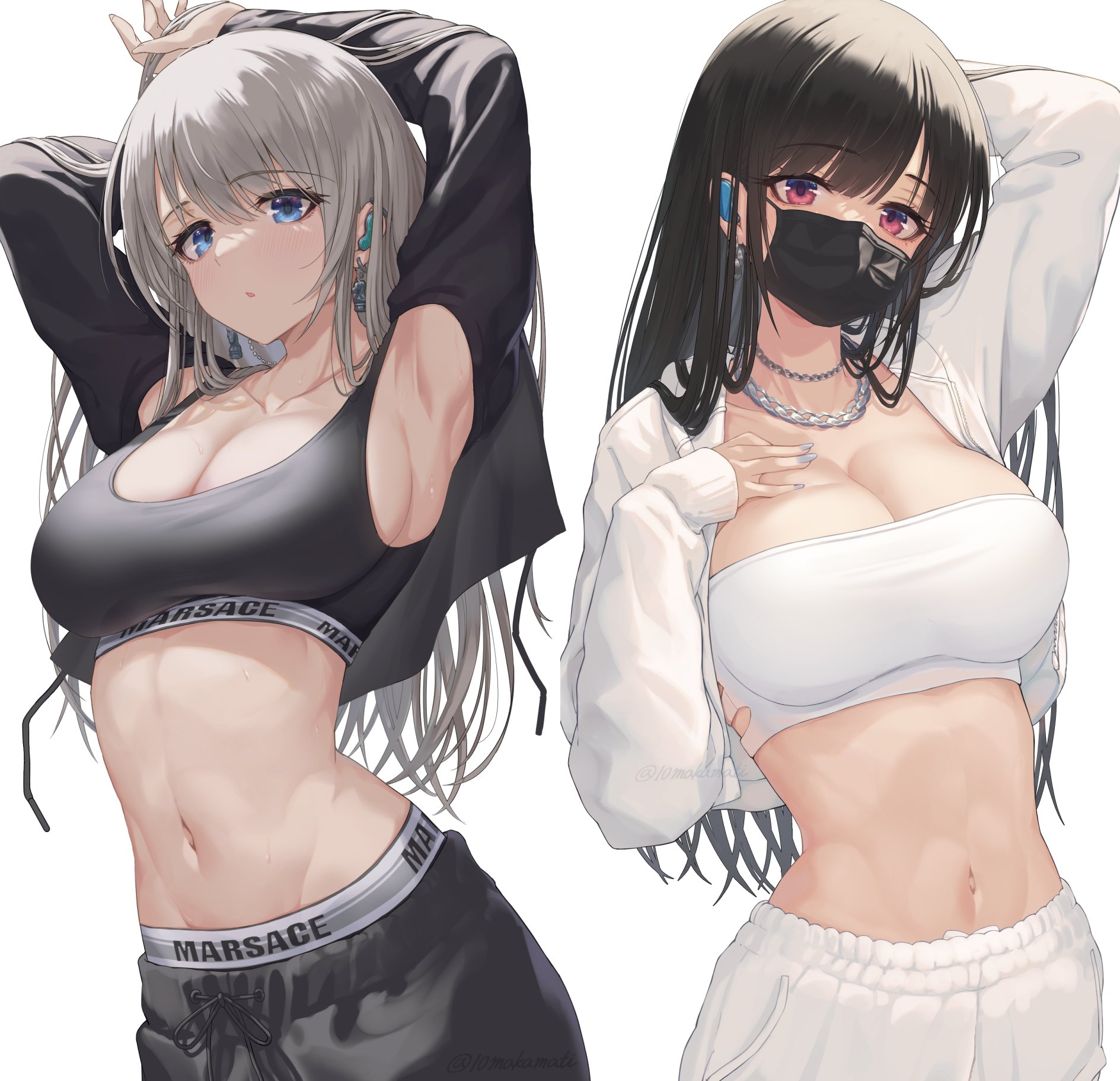 2girls, armpits, arms above head, athletic, big breasts, black hair, blue eyes, blush, breasts, chains, cleavage, crop top, earrings, female, female only, hourglass figure, jewelry, long hair, looking at viewer, makamati, mask, midriff, original, pink eyes, sideboob, simple background, sports bra, surgical mask, sweat, thick thighs, toned, toned female, white background, white hair