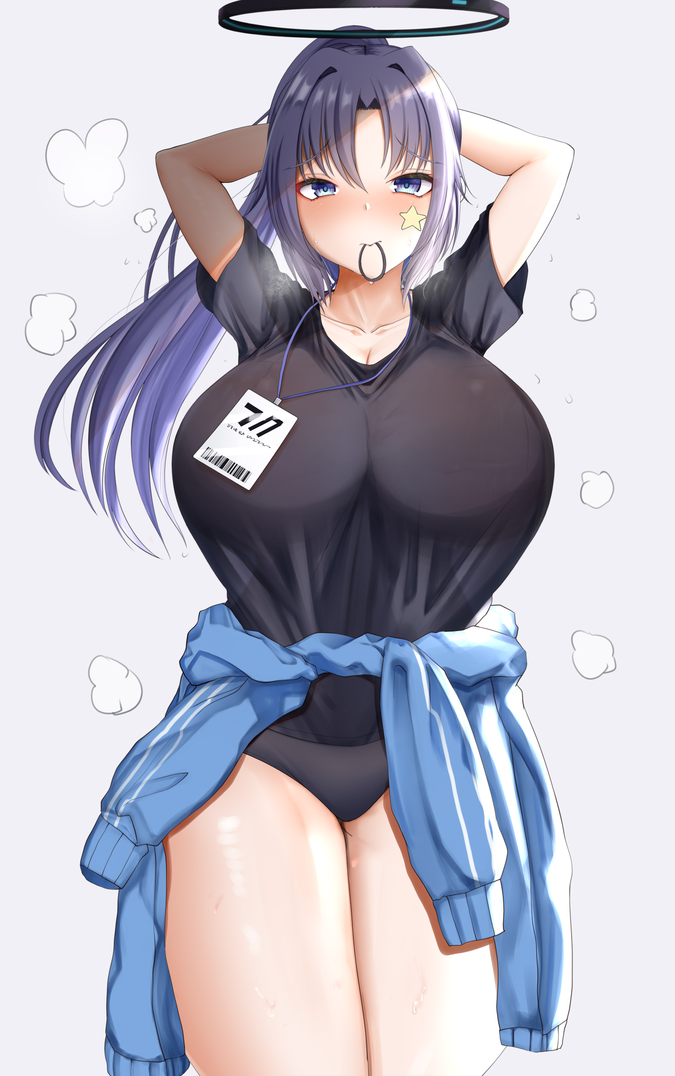 1girls, arms up, bloomers, blue archive, blue eyes, breasts, buruma, chomikuplus, female, gym clothes, gym uniform, hips, huge breasts, jacket around waist, light skin, light-skinned female, long hair, long ponytail, ponytail, purple hair, sweat, sweaty body, t-shirt, thick thighs, thighs, wide hips, yuuka (blue archive), yuuka (gym uniform) (blue archive)