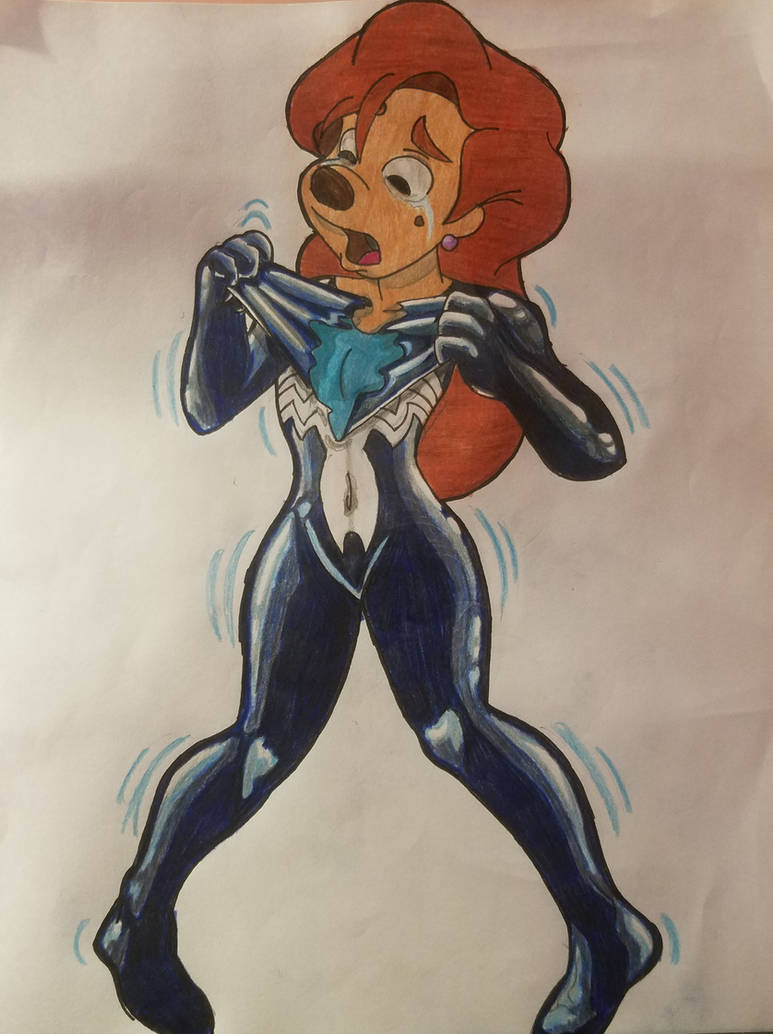 2022 bodysuit brown_hair brown_nose brown_skin corruption disney female furry impossible_bodysuit impossible_clothes latex latex_suit living_clothes marvel pulling_clothing roxanne_(goof_troop) slime struggling symbiote symbioticdeviant takeover venom