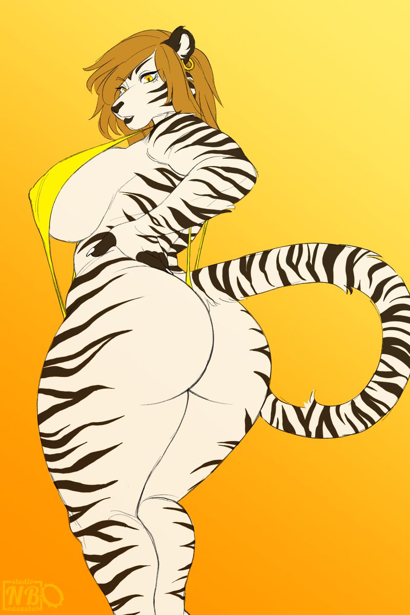 andrea_(dj50) big_ass big_breasts black_nose black_stripes brown_hair earrings highres tagme tiger white_breasts white_fur white_tiger yellow_eyes