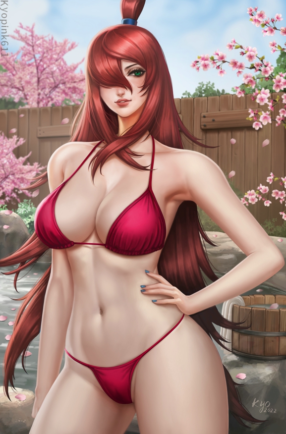 1girls big_breasts bikini blush breasts brown_hair cleavage feet_out_of_frame female female_only green_eyes hand_on_hip hot_spring kyopink lipstick long_hair looking_at_viewer makeup mature mature_female mei_terumi midriff nail_polish naruto naruto_(series) naruto_shippuden onsen parted_lips solo solo_focus very_long_hair voluptuous