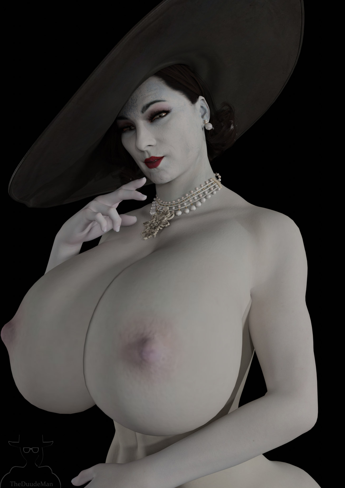 1girls, 3d, alcina dimitrescu, areolae, big breasts, biohazard, black background, black hair, blender, blender (software), breasts, breasts bigger than head, capcom, earrings, erect nipples, exposed breasts, female, female only, giantess, gigantic breasts, hat, jewelry, lipstick, looking at viewer, mature female, milf, mommy, nipples, pale skin, pink nipples, plump, red lipstick, resident evil, resident evil 8: village, solo, suggestive look, theduudeman, voluptuous, wide hips